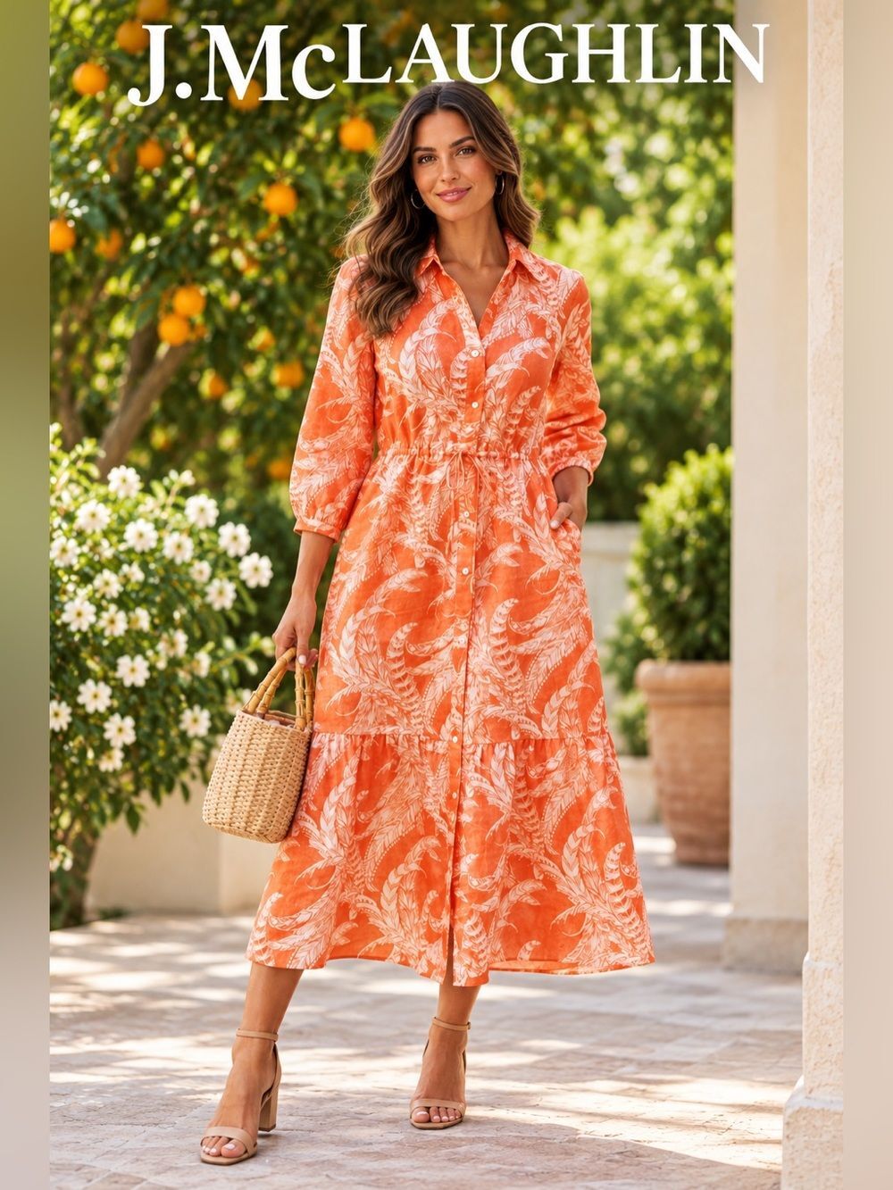 J. McLaughlin Orange and White Sundress with Bishop Sleeves